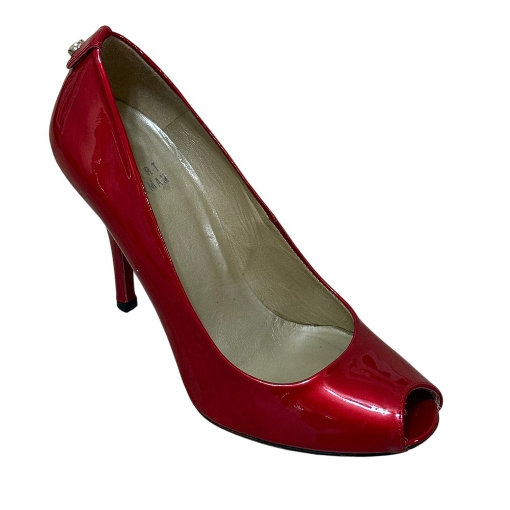 Stuart Weitzman Women Pumps 6 Red Patent Leather Stiletto Glam Pinup Peep Toe